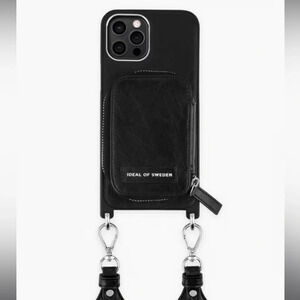 IDEAL OF SWEDEN BLACK FAUX LEATHER NECKLACE/ CROSSBODY IPHONE 12/12 PRO CASE